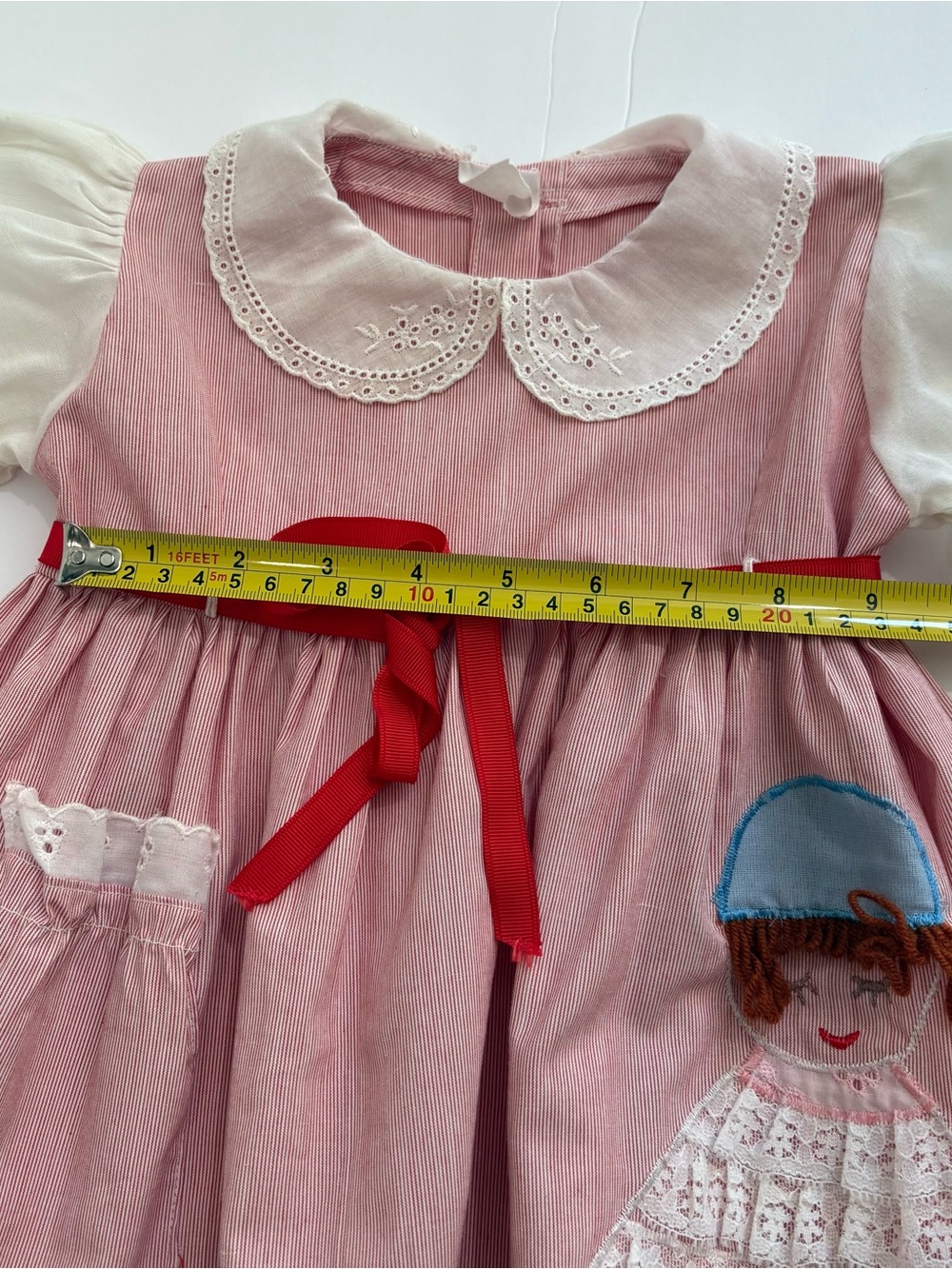 Vintage Girls Dress Pinafore Lace Toddler SZ 12-18 M Red White Embroidered - Picture 8 of 11